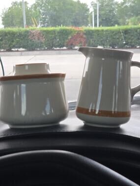 Vintage MCM Andre Ponche Stonecrest Cream and Sugar Bowl wLid Korea Beige Brown